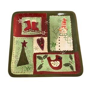 Cracker Barrel Christmas Quilt Square Platter Holiday Serving Plate 10” Ceramic